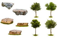 Collection Of Isolated Trees And Rocks On White Background