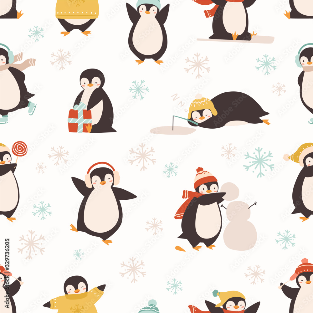 Cute cartoon penguin seamless pattern Stock Vector | Adobe Stock