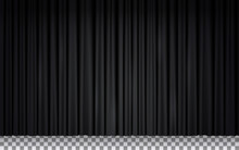 Black Velvet Curtain In Theater Or Cinema. Vector Realistic Closed Stage Curtains Lighted By Spotlight. Black Fabric Drapes In Opera Isolated On Transparent Background