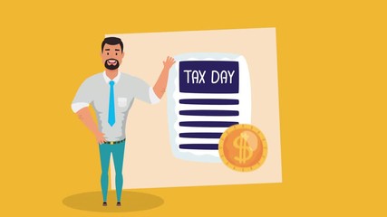 Poster - tax day animation with businessman and receipt document