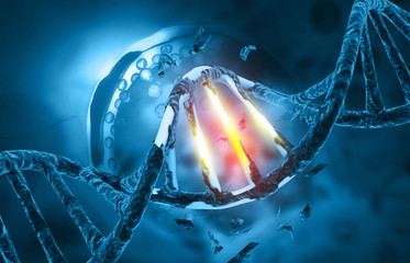 Sticker - Dna mutation  or damage .Dna strand science background. 3d illustration.