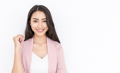 Portrait of smiling confident asian business woman in pink suit office. Asian business girl. Startup successful power business leader executive people looking camera with copy space isolated on white