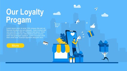 Promotion of online store or shop loyalty program, bonus or reward.landing page template with a man on a smartphone carrying a megaphone and a running man carrying a gift box.vector illustration