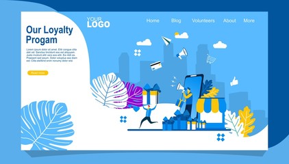 Promotion of online store or shop loyalty program, bonus or reward.landing page template with a man on a smartphone carrying a megaphone and a running man carrying a gift box.vector illustration