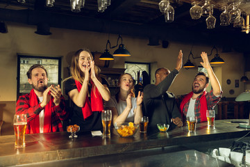 Wall Mural - Sport fans cheering at bar, pub and drinking beer while championship, competition is going. Multiethnic group of friends excited watching translation. Human emotions, expression, supporting concept.