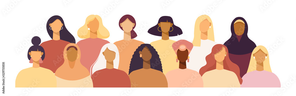 Group of women of different nationalities and cultures, skin colors and hairstyles. Society or population, social diversity. Cartoon characters. Vector illustration in flat design, isolated on white - obrazy, fototapety, plakaty 