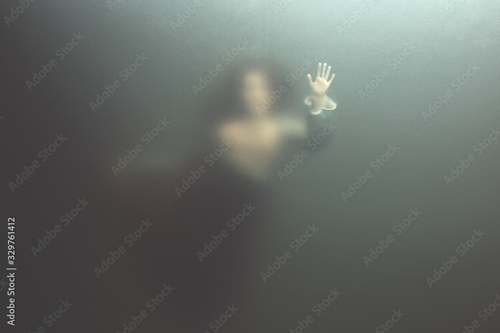 siren woman swimming underwater behind glass surface, surreal concept  - obrazy, fototapety, plakaty 