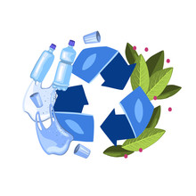Vector Hand Drawn Concept With Blue Recycling Arrow Symbol, Bottles, Green Leaves And Plastic Bag. Ecological Composition In Flat Style.