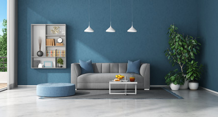 Sticker - Blue living room with sofa and bookcase