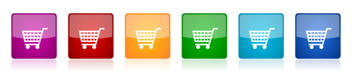 Leinwandbilder - Shopping cart icon set, colorful square glossy vector illustrations in 6 options for web design and mobile applications