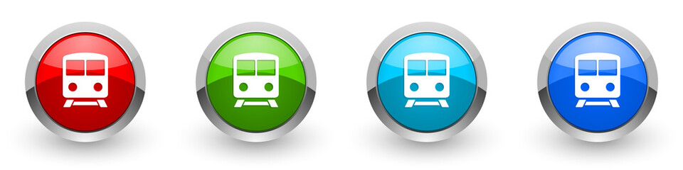 Aufkleber - Railway silver metallic glossy icons, train, subway, transportation concept set of modern design buttons for web, internet and mobile applications in four colors options isolated on white background