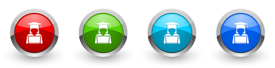 Aufkleber - Student with laptop silver metallic glossy icons, computer, education concept set of modern design buttons for web, internet and mobile applications in four colors options isolated on white background