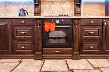 Classic old fashioned kitchen interior. Kitchen furniture made of wood. handmade.