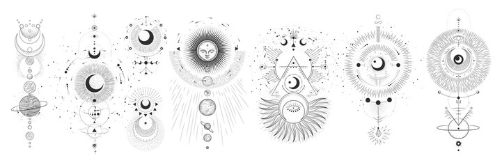 Vector illustration set of moon phases. Different stages of moonlight activity in vintage engraving style. Zodiac Signs