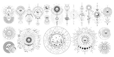 Wall Mural - Vector illustration set of moon phases. Different stages of moonlight activity in vintage engraving style. Zodiac Signs