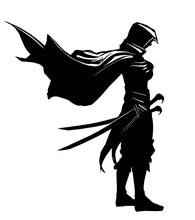 Asassin In A Cloak With A Hood, Proudly Standing With His Hands On His Chest, He Has 2 Sabers On His Belt.2d Illustration.
