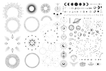 Wall Mural - Vector illustration set of moon phases. Different stages of moonlight activity in vintage engraving style. Zodiac Signs
