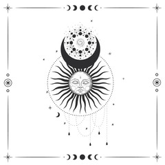 vector illustration set of moon phases. different stages of moonlight activity in vintage engraving 