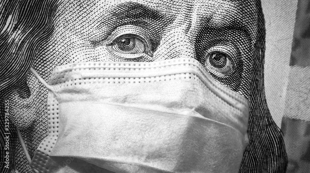 COVID-19 coronavirus and crisis concept, US president Franklin`s eyes and face mask on 100 dollar money bill. Corona virus affects global stock market. - obrazy, fototapety, plakaty 