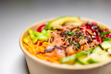 Closeup of salmon poke bowl