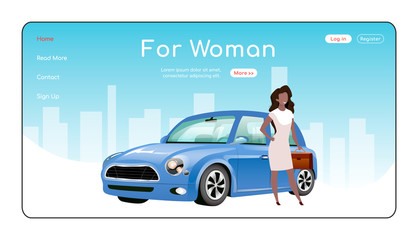 Wall Mural - For woman landing page flat color vector template. Automobile showroom homepage layout. Cars for ladies one page website interface with cartoon character. Auto dealership web banner, webpage