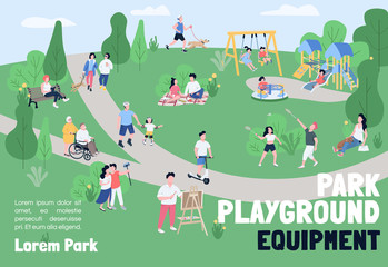 Park playground equipment banner flat vector template. Brochure, poster concept design with cartoon characters. Outdoor recreation, weekend picnic horizontal flyer, leaflet with place for text