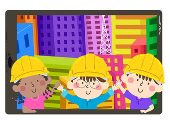 Poster - Kids Engineers Buildings Tablet Illustration