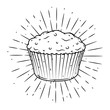 Muffin. Hand drawn vector illustration with muffin and sunburst. Used for poster, banner, web, t-shirt print, bag print, badges, flyer, logo design and more.