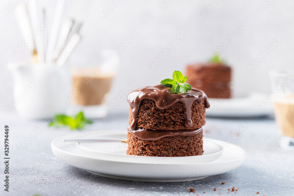Chocolate mini cake with chocolate ganash and mint - obrazy, fototapety, plakaty 