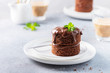 Chocolate mini cake with chocolate ganash and mint