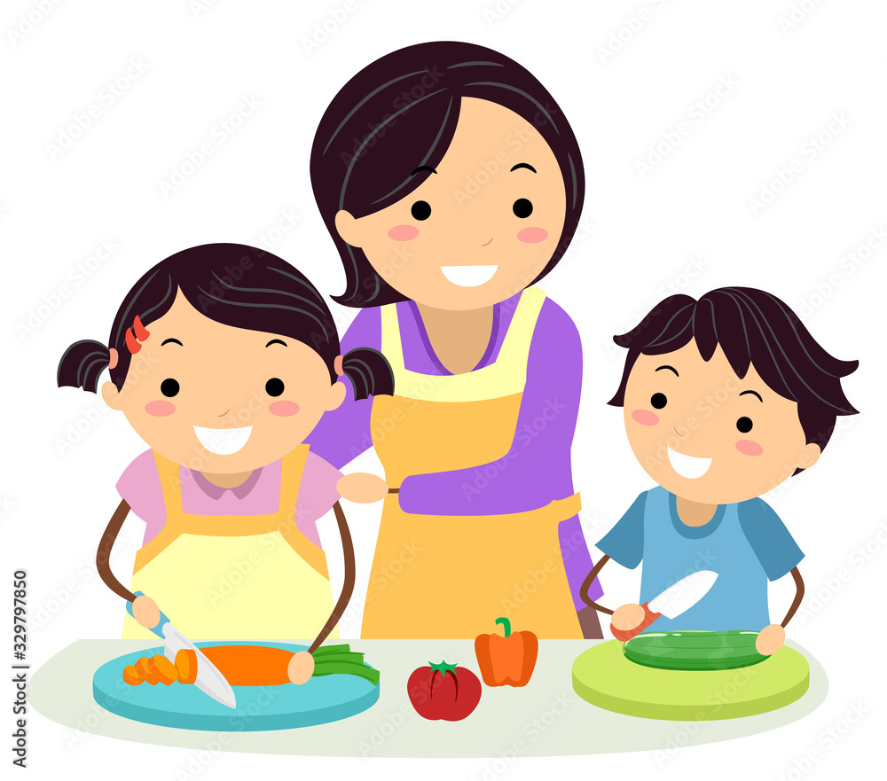 Mom Supervise Kids Safety Kitchen Illustration Stock Vector | Adobe Stock, image size:1000x881