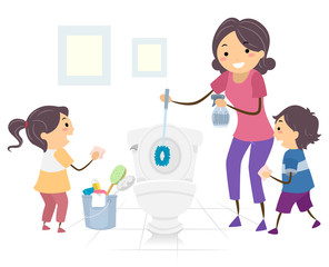 Sticker - Kids Mom Teach Kids Clean Toilet Illustration