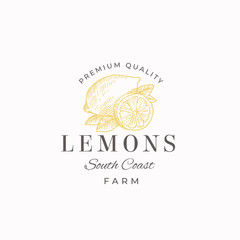 Wall Mural - lemon fruit farms abstract vector sign, symbol or logo template. hand drawn lemons with leaves sketc