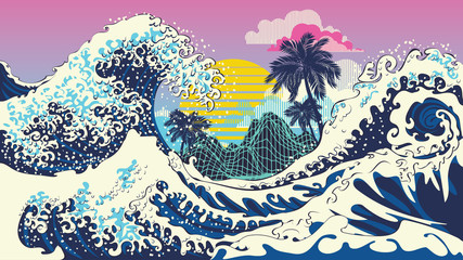 Retro great waves design with palms