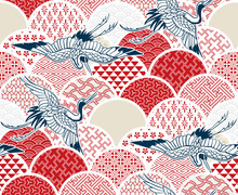 Crane Bird Traditional Kimono Pattern Vector Sketch Illustration Line Art Japanese Chinese Oriental Design