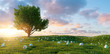 Many colorful painted Easter eggs are looking at meadow with tree for Easter, copy space for individual text