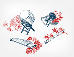 Wall Mural - koto taiko drum Kotsuzumi fue flute japanese vector sketch illustration engraved chinese musical instrument design elements