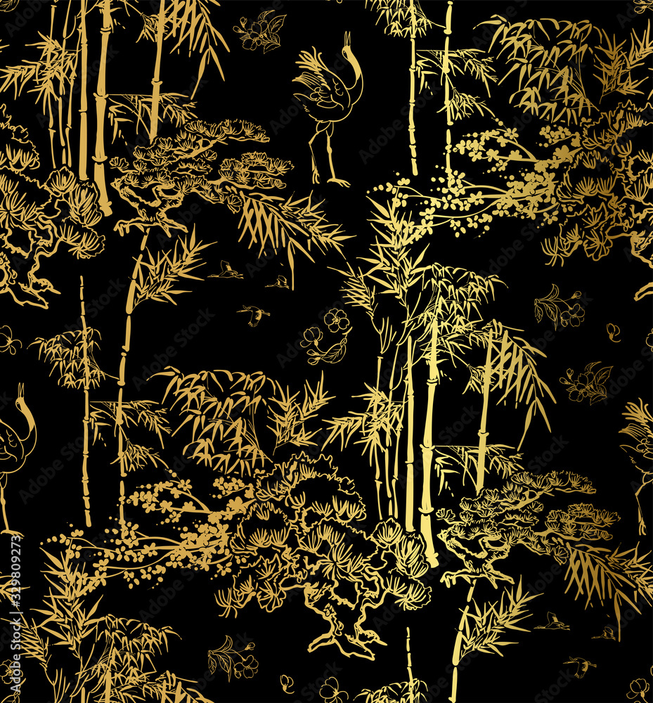 bamboo bird crane tree vector japanese chinese seamless pattern design ...