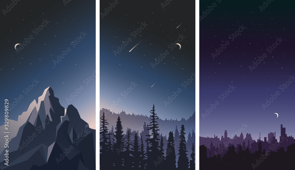 Vector set of night sky landscapes. City, mountains and forest on a background of stars. - obrazy, fototapety, plakaty 