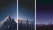 Vector set of night sky landscapes. City, mountains and forest on a background of stars.