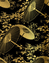 Fan Flower Unbrella Vector Japanese Chinese Seamless Pattern Design Gold Black