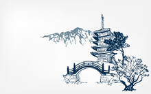 Temple Card Nature Landscape View Bridge Vector Sketch Illustration Japanese Chinese Oriental Line Art