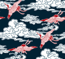 Crane Birds Sky Cloud Japanese Chinese Vector Design Pattern