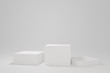 © Kakabe - 3d rendered illustration with geometric shapes. white cube podium platforms for cosmetic product presentation top light. Abstract composition in modern style. mock up minimal design with empty space