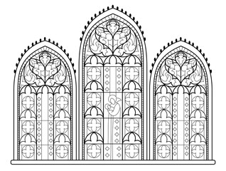 Black and white drawing for coloring book. Beautiful medieval stained glass window in French churches. Gothic architectural style in western Europe. Worksheet for children. Fantasy vector image.