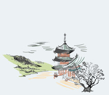 Temple Nature Landscape View Vector Sketch Illustration Japanese Chinese Oriental Line Art