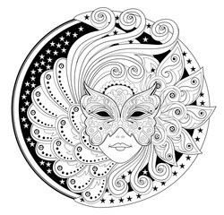 Wall Mural - Medallion with portrait of fairy in carnival mask. Fantasy drawing of beautiful girl. Black and white page for coloring book. Modern print for fashion, embroidery, decoration. Hand-drawn vector image.