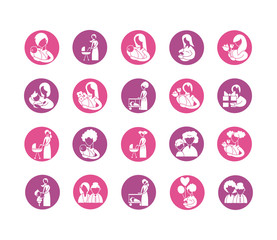 Wall Mural - set of icons with mother and baby, silhouette style icon