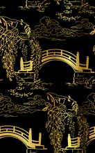Bridge Pond River Wisteria Nature Landscape View Vector Sketch Illustration Japanese Chinese Oriental Line Art Ink Seamless Pattern