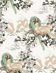 Naklejka na meble parrot bird temple mountain rose flower nature landscape view vector illustration japanese chinese seamless pattern